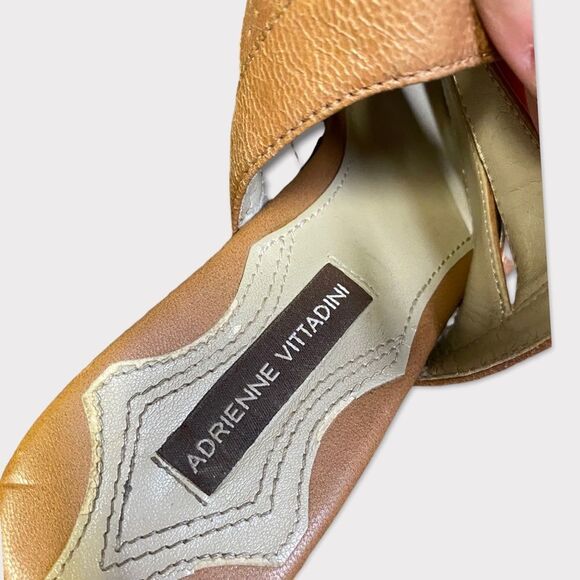 𝅺ADDRIENNE VITTADINI | Tan Leather Opened Toed Wedge Heels - Picture 4 of 9